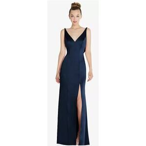 After Six NWT Blue Draped Cowl-Back Princess Line Dress Front Slit Formal 18